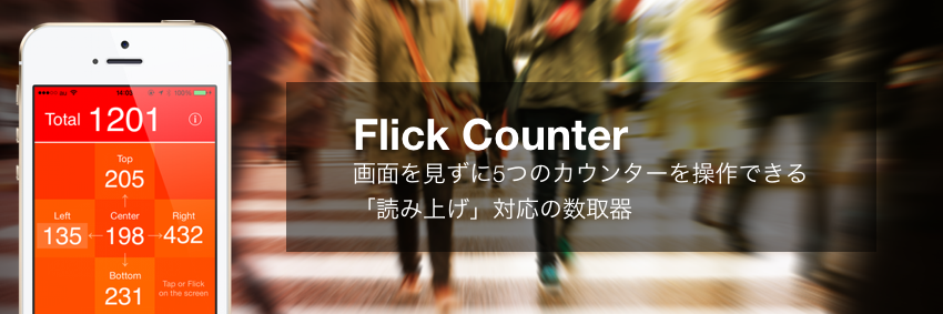 画面を見ずに5つのカウンターを操作できる「読み上げ」対応の数取器：Flick Counter